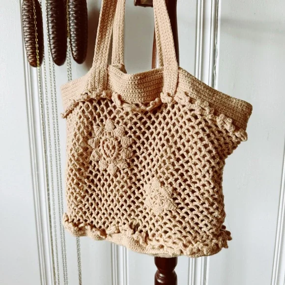 Vintage Wool & Silk Crochet Knit Boho Handbag Purse - Picture 2 of 6
